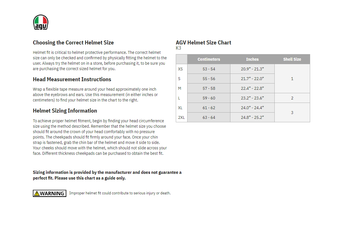 agv-k3-space-full-face-motorcycle-helmet - size chart